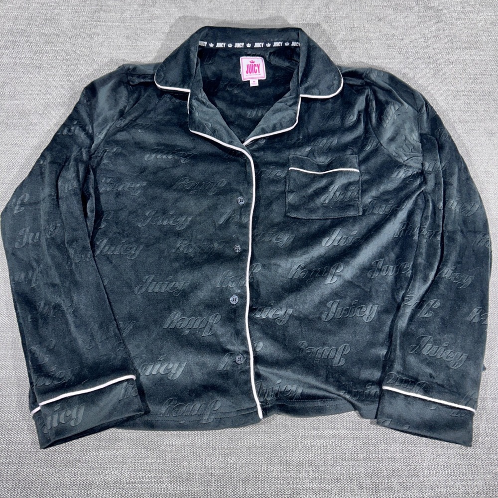 Juicy Couture Pajama Top Womens Medium Black Excellent Velour Embossed Logo 1157